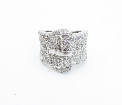 925 Sterling Silver  Cubic Zirconia Belt Buckle Motif Band Ring Sz 6  RG3634