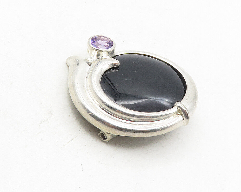 925 Sterling Silver  Vintage Black Onyx & Amethyst Round Brooch Pin  BP3829