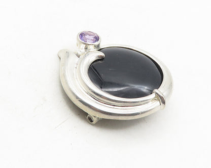 925 Sterling Silver  Vintage Black Onyx & Amethyst Round Brooch Pin  BP3829