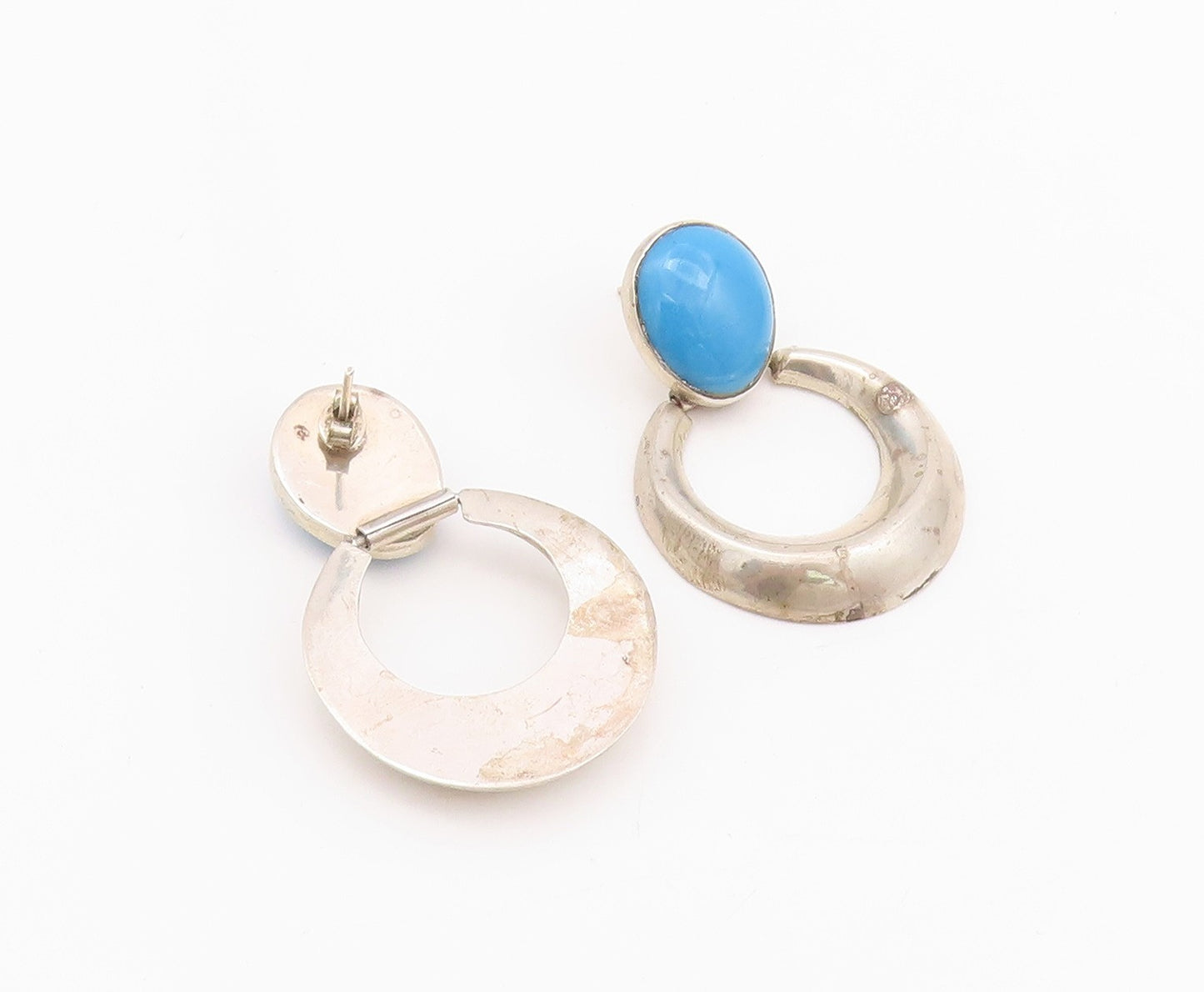 925 Sterling Silver Vintage Earrings MEXICO Oval Larimar Dangling Ring  EG13623