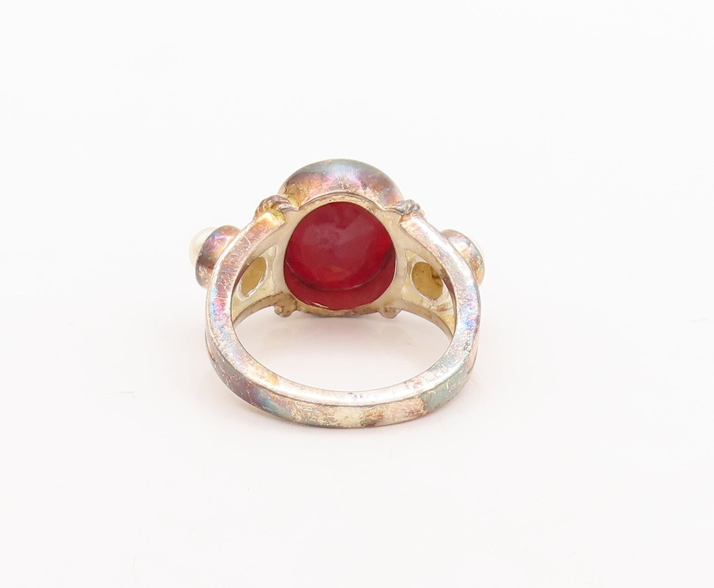 925 Sterling Silver Vintage Ring Gold Plated Oval Ruby & Pearls  Sz 6.5  RG29527