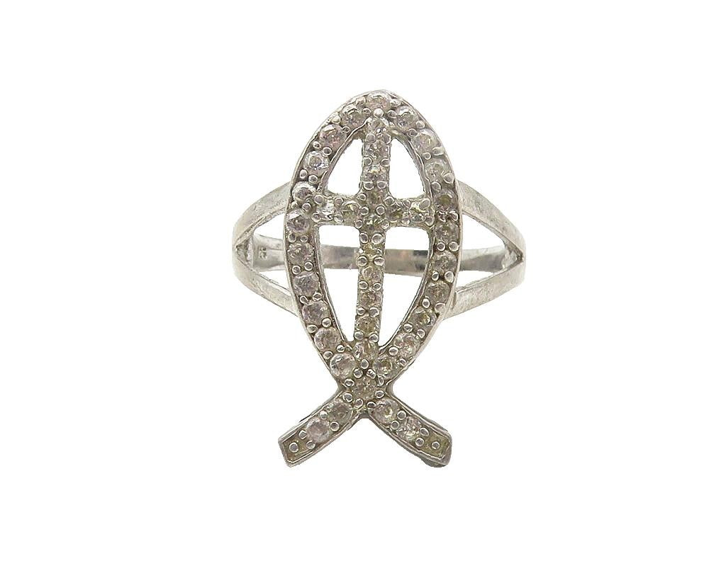 925 Sterling Silver  Vintage Topaz Open Fish Motif Band Ring Sz 9  RG11301