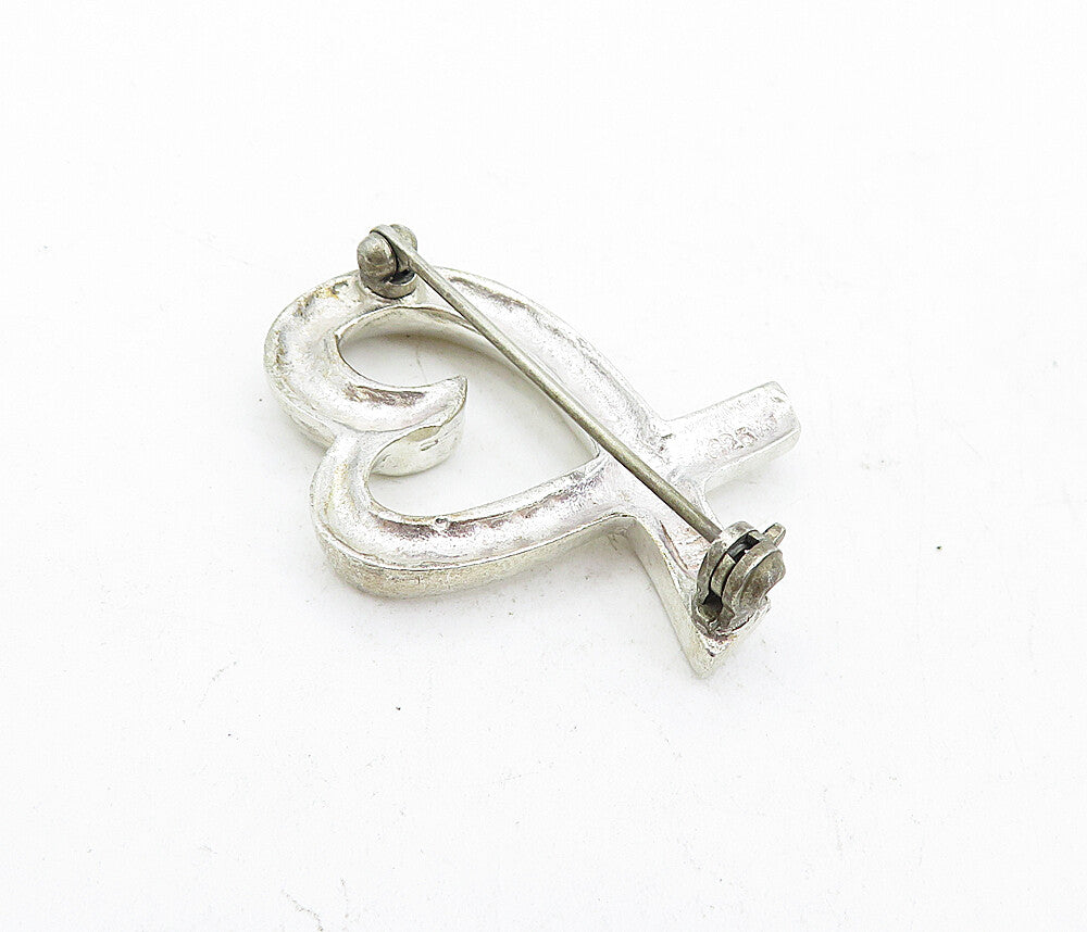 925 Sterling Silver  Vintage Shiny Open Love Heart Ribbon Brooch Pin  BP1923