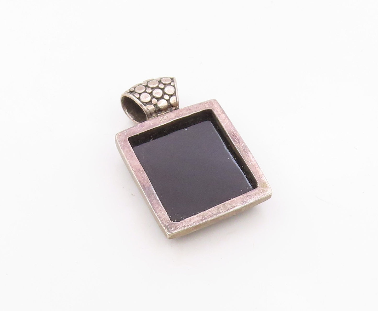 925 Sterling Silver  Vintage Black Onyx Circle Patterned Bail Pendant  PT16740