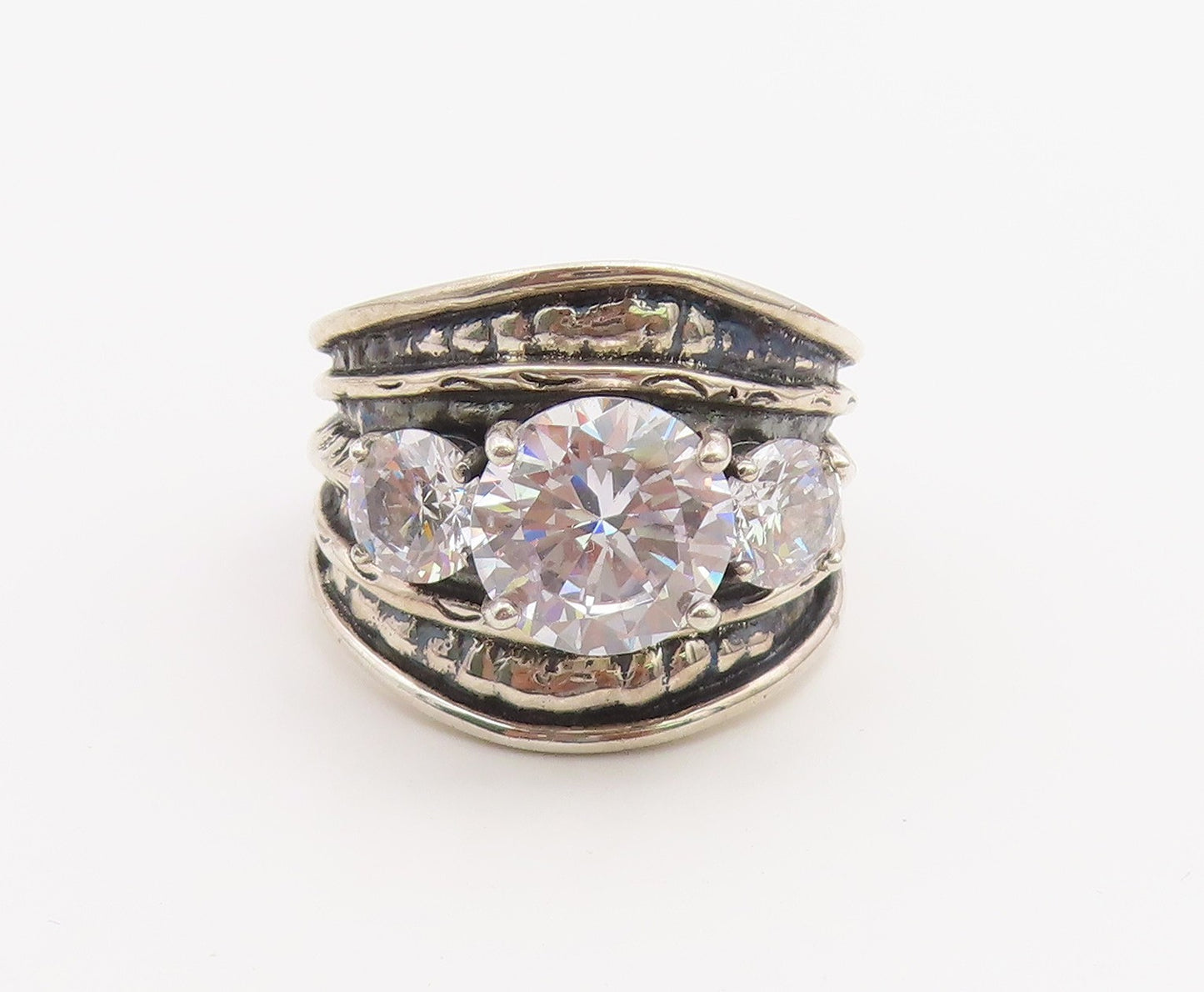 925 Sterling Silver Vintage Ring CZ Wide Tapered Statement Band  Sz 10  RG36735