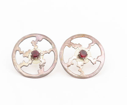 925 Sterling Silver Vintage Earrings Garnet Geometric Sunburst Wheel  EG14352