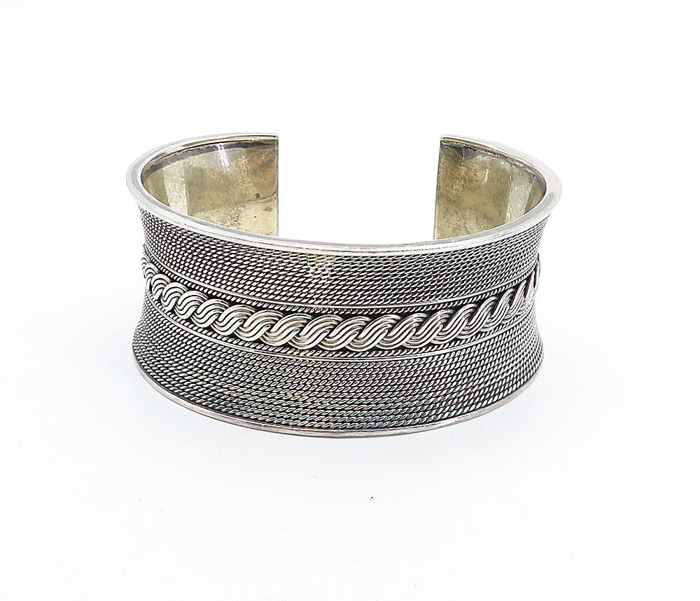 925 Sterling Silver  Vintage Shiny Swirl Twist Concave Cuff Bracelet  BT2656