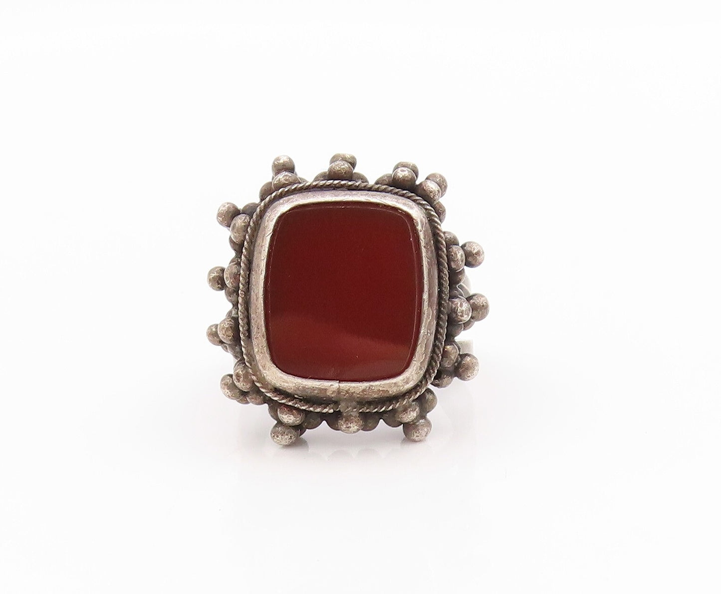 925 Sterling Silver Vintage Ring Rectangle Carnelian Halo Beads  Sz 8.5  RG31787