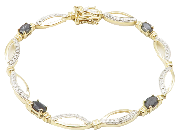 925 Sterling Silver  Genuine Diamond & Sapphire Shiny Chain Bracelet  BT5458