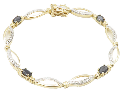 925 Sterling Silver  Genuine Diamond & Sapphire Shiny Chain Bracelet  BT5458