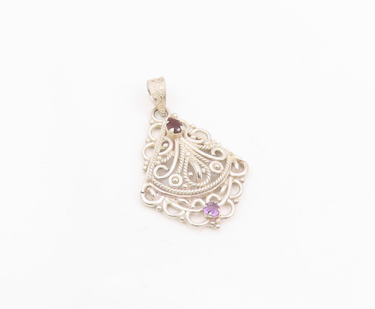 925 Sterling Silver Vintage Pendant Garnet & Amethyst Open Scrollwork  PT25793