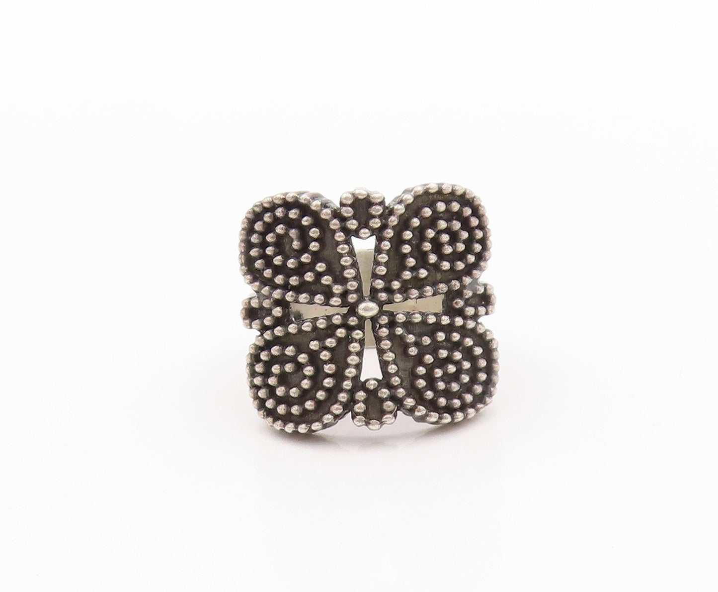 925 Sterling Silver Vintage Ring Antique Dark Tone Beaded Flower  Sz 7.5 RG32400