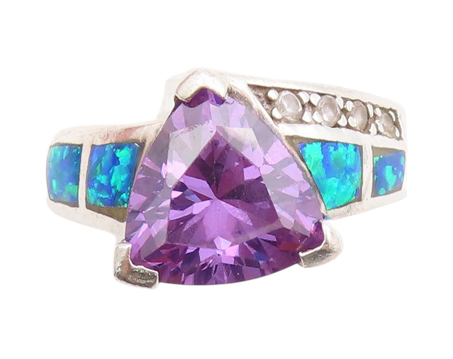 925 Sterling Silver Vintage Ring Faceted Amethyst & Fire Opal Band Sz 8 RG33498