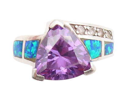 925 Sterling Silver Vintage Ring Faceted Amethyst & Fire Opal Band Sz 8 RG33498