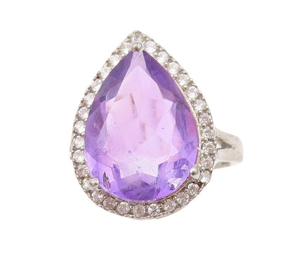 925 Sterling Silver Vintage Ring Diamonds & Drop Cut Amethyst  Sz 7  RG30393