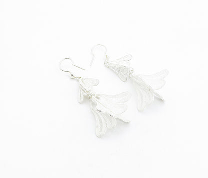 925 Sterling Silver  Shiny Filigree Detail Floral Link Dangle Earrings  EG3428