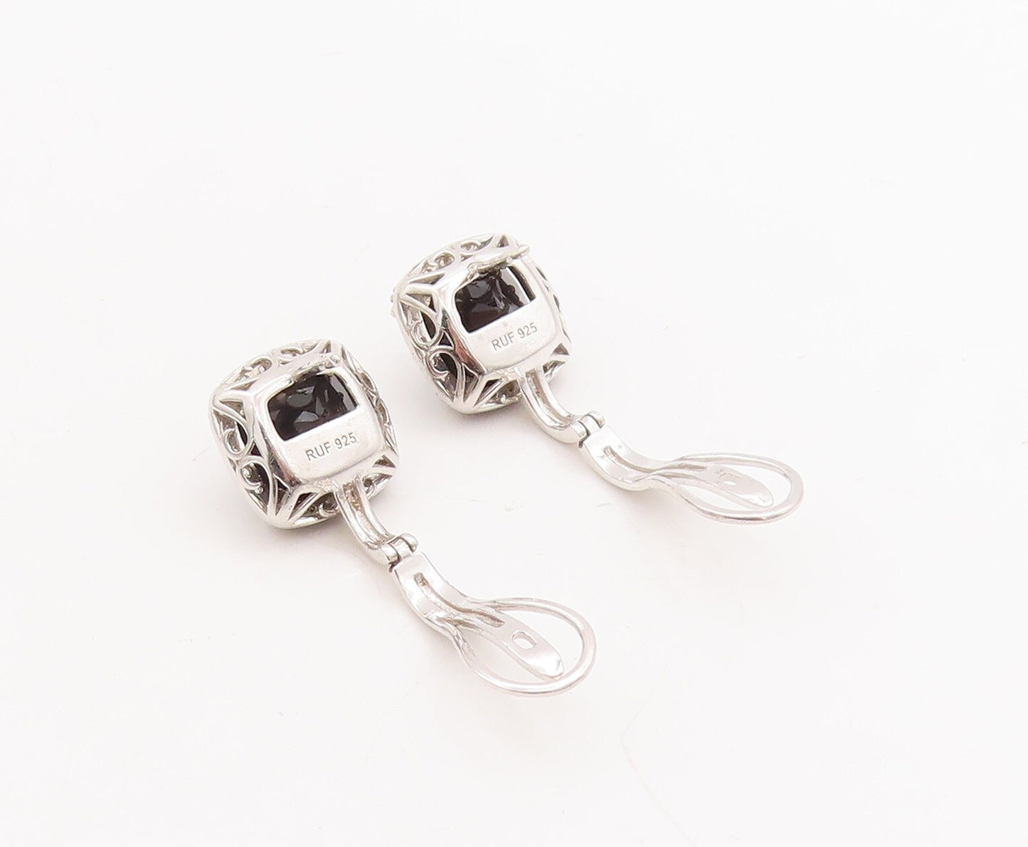 925 Sterling Silver Vintage Earrings Square Cut Onyx Halo CZ Farme  EG13107