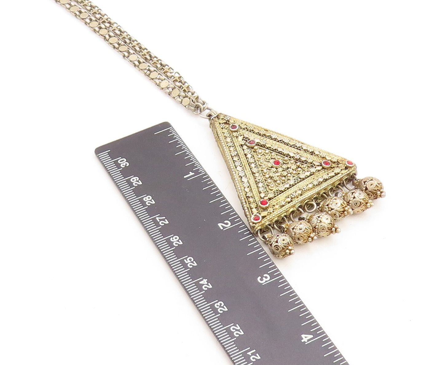 MIDDLE EASTERN 925 Silver  Vintage Red Topaz Floral Chain Necklace  NE1974