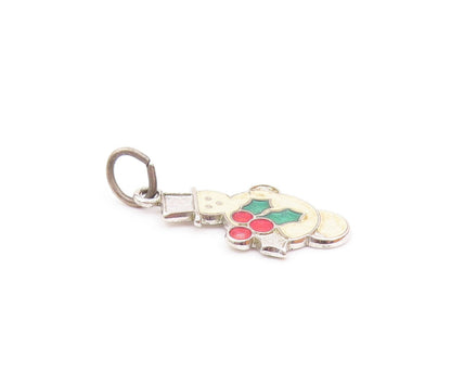 925 Sterling Silver  Vintage Enamel Snowman & XMas Holly Pendant  PT18678