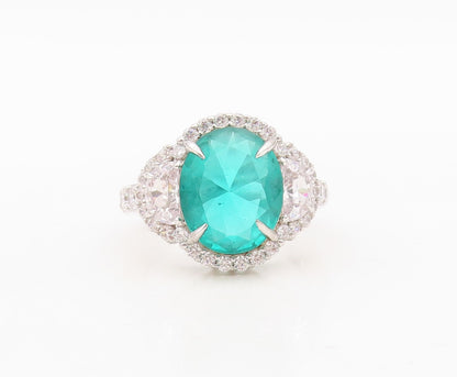 925 Sterling Silver Vintage Ring Oval Sea Green Halo White CZ Inlay Sz 7 RG30449