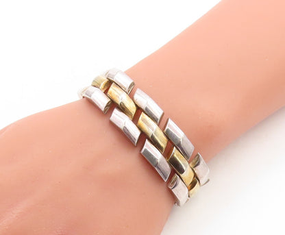 925 Sterling Silver  Vintage Shiny Two Tone Hinge Link Chain Bracelet  BT1441
