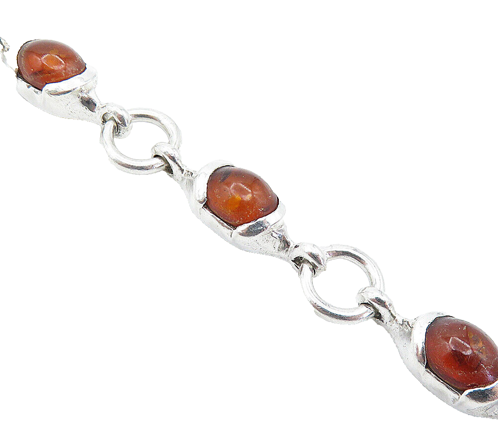 925 Sterling Silver  Cabochon Cut Amber Round Link Chain Bracelet  BT2158