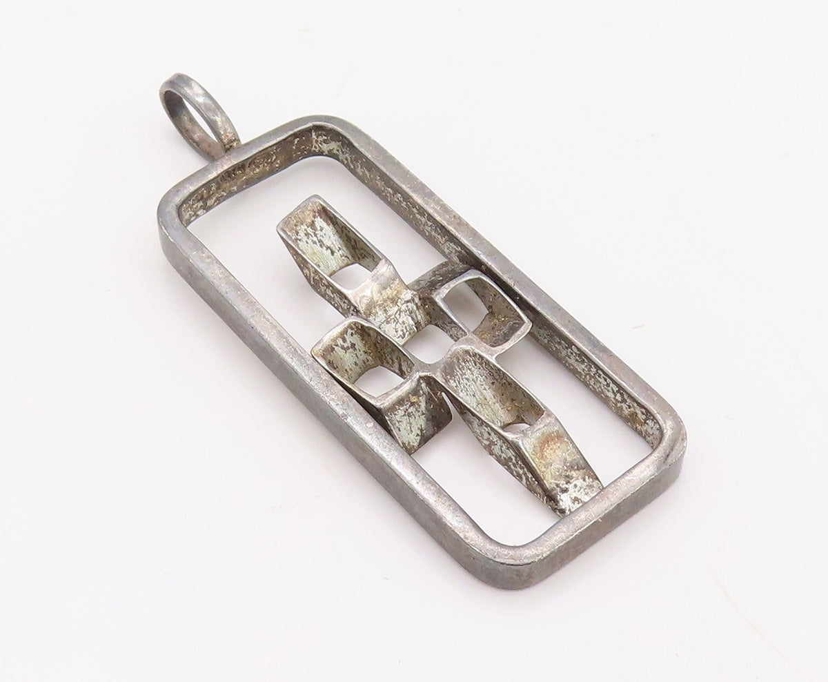 925 Sterling Silver Vintage Pendant Cutout Designer Cubical Cross  PT23529