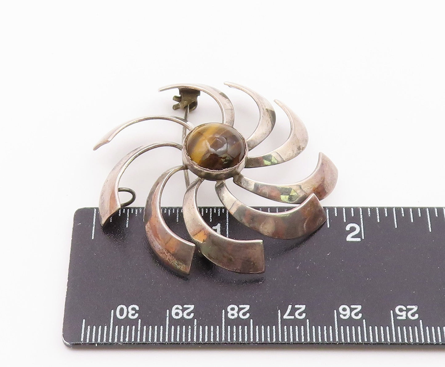 ISRAEL 925 Sterling Silver Vintage Tiger's Eye Spiral Fidget Brooch Pin BP9520