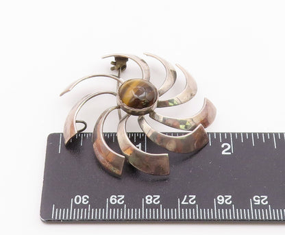 ISRAEL 925 Sterling Silver Vintage Tiger's Eye Spiral Fidget Brooch Pin BP9520