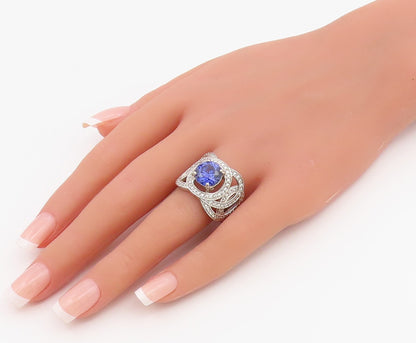 925 Sterling Silver Vintage Ring Tanzanite & CZ Double Loop Band Sz 9.5 RG36890