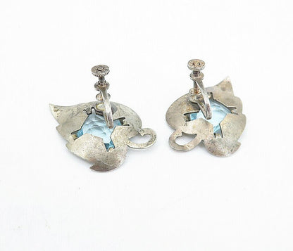 925 Sterling Silver  Vintage Blue Topaz Floral Leaf Non Pierce Earrings EG2857
