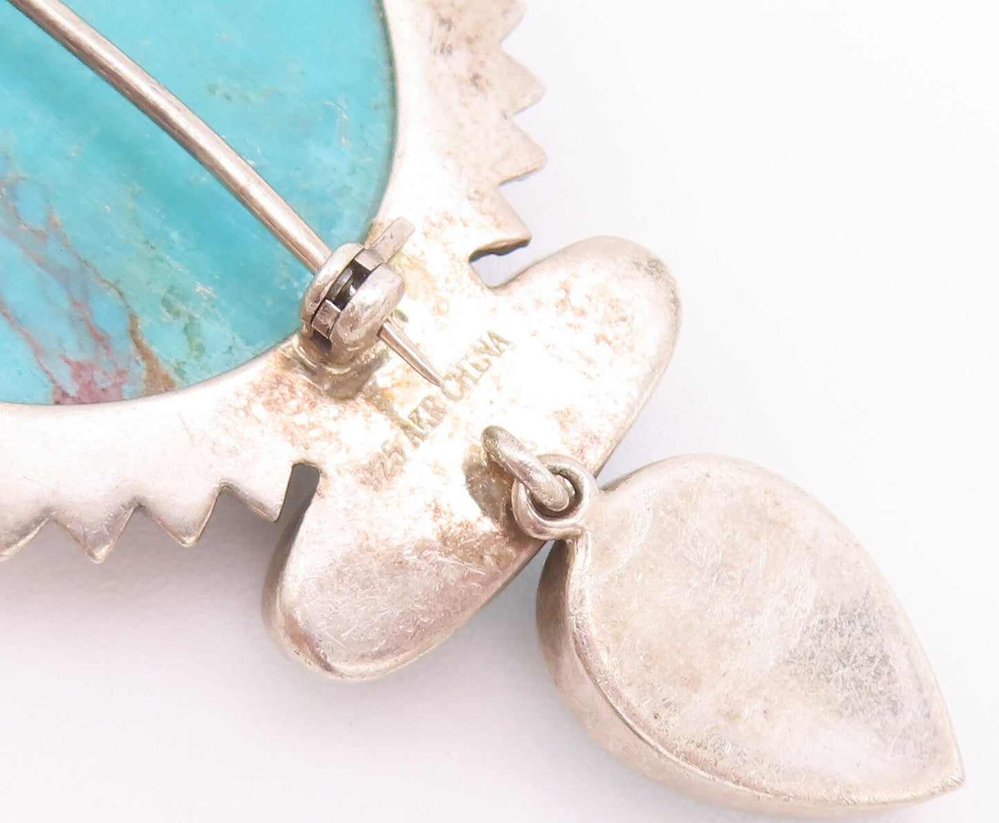 925 Sterling Silver Vintage Brooch Pin AMY KHAN RUSSELL Carved Turquoise BP10754