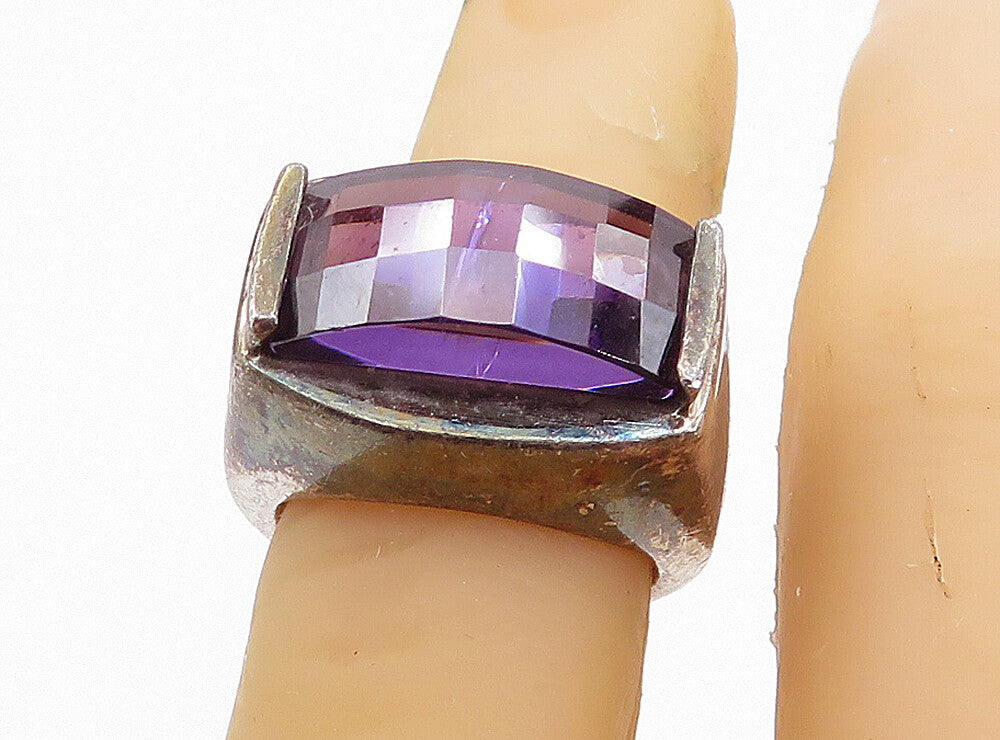 925 Sterling Silver  Vintage Faceted Amethyst Dome Cocktail Ring Sz 5  RG7643