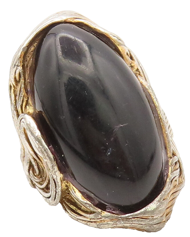 925 Silver Vintage Gold Plated Carved Swirly Lines Onyx Ring Sz 7.75  RG26824