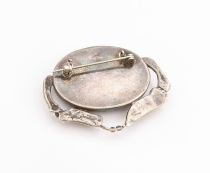925 Sterling Silver Vintage Brooch Cabochon Hematite Pewter Dish Design  BP11850