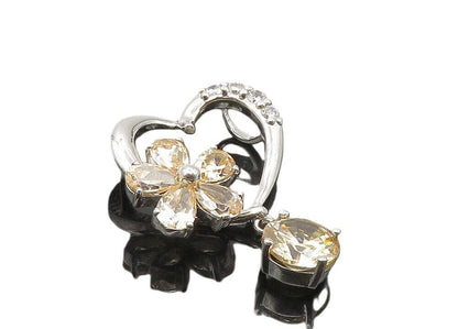 925 Sterling Silver  Shiny Topaz Dangling Floral Love Heart Pendant  PT7308