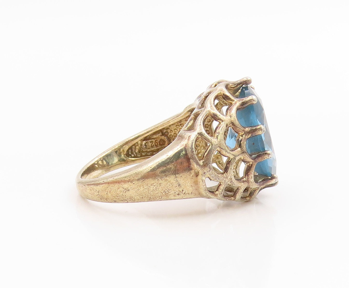925 Sterling Silver Vintage Ring Gold Plated Blue Topaz Openwork  Sz 8  RG35694