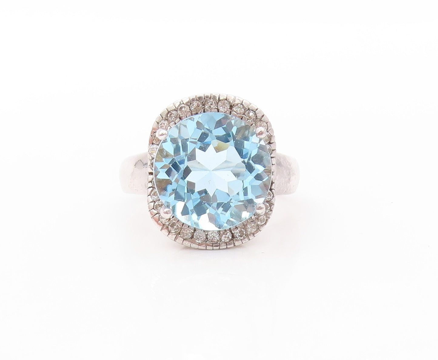 925 Sterling Silver Vintage Ring Designer Round Blue & White Topaz Sz 7  RG30840