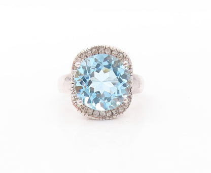 925 Sterling Silver Vintage Ring Designer Round Blue & White Topaz Sz 7  RG30840