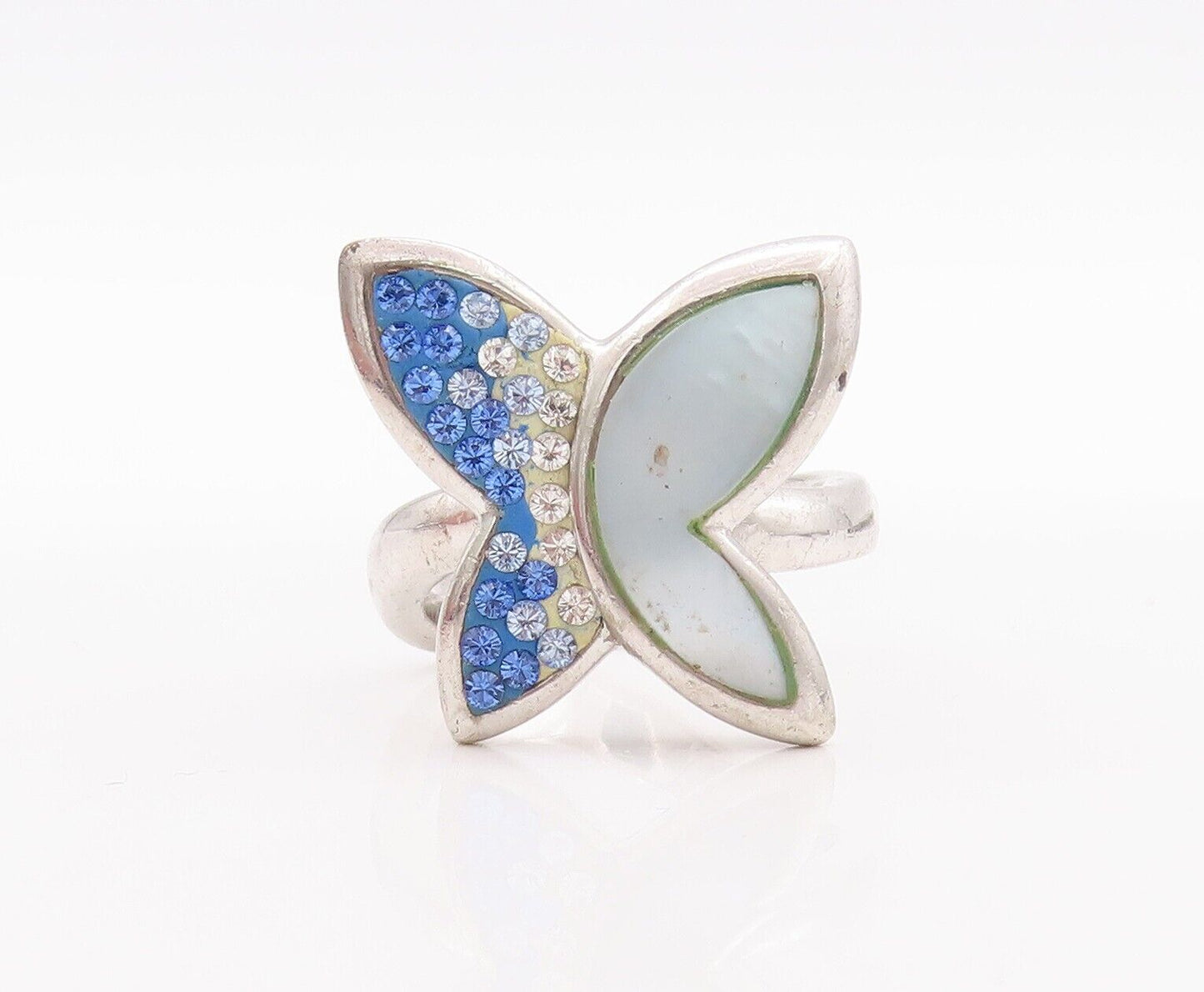 925 Sterling Silver Vintage Ring Solid Rhinestone Inlay Butterfly  Sz 7  RG28565