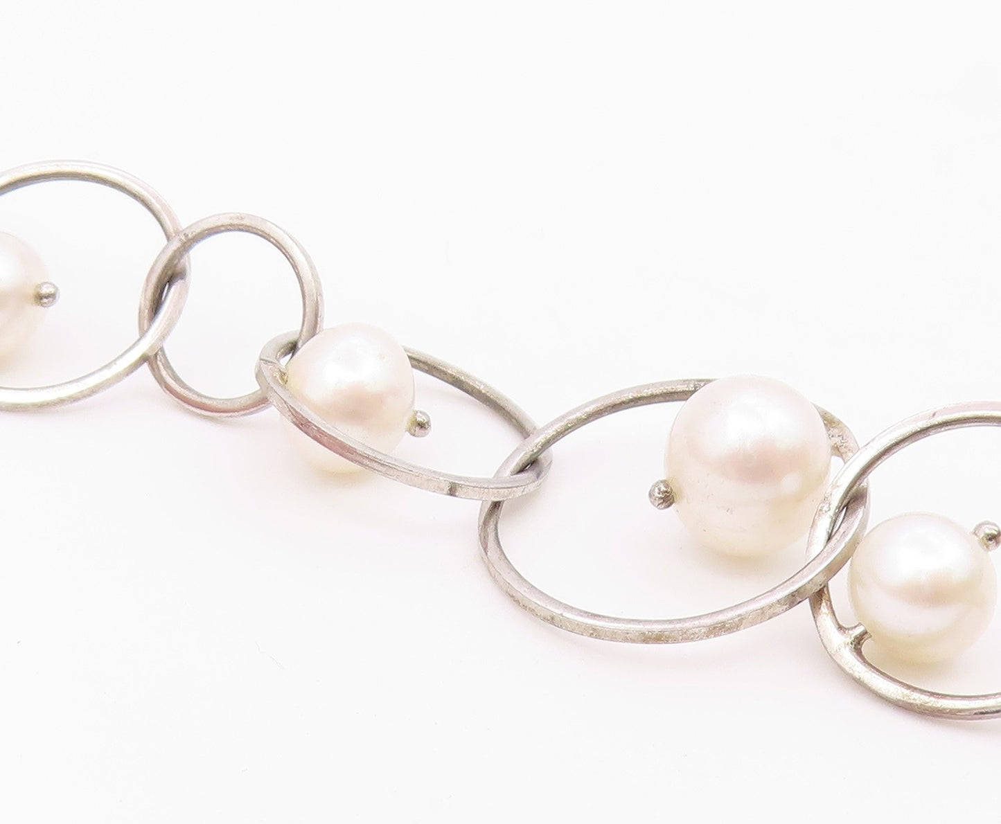 925 Sterling Silver  Vintage Cultured Pearl Open Circle Chain Bracelet  BT8935