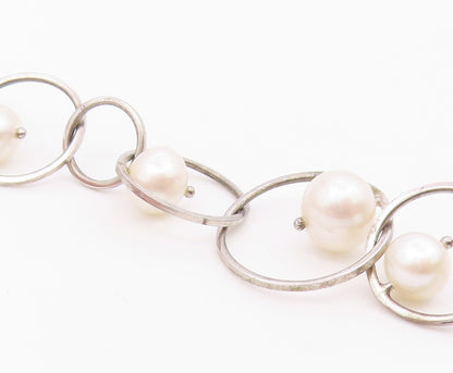 925 Sterling Silver  Vintage Cultured Pearl Open Circle Chain Bracelet  BT8935