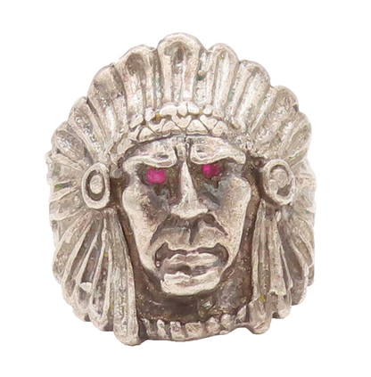 925 Sterling Silver Vintage Ring Ruby Eye Carved Tribal Man Face Sz 8  RG27715