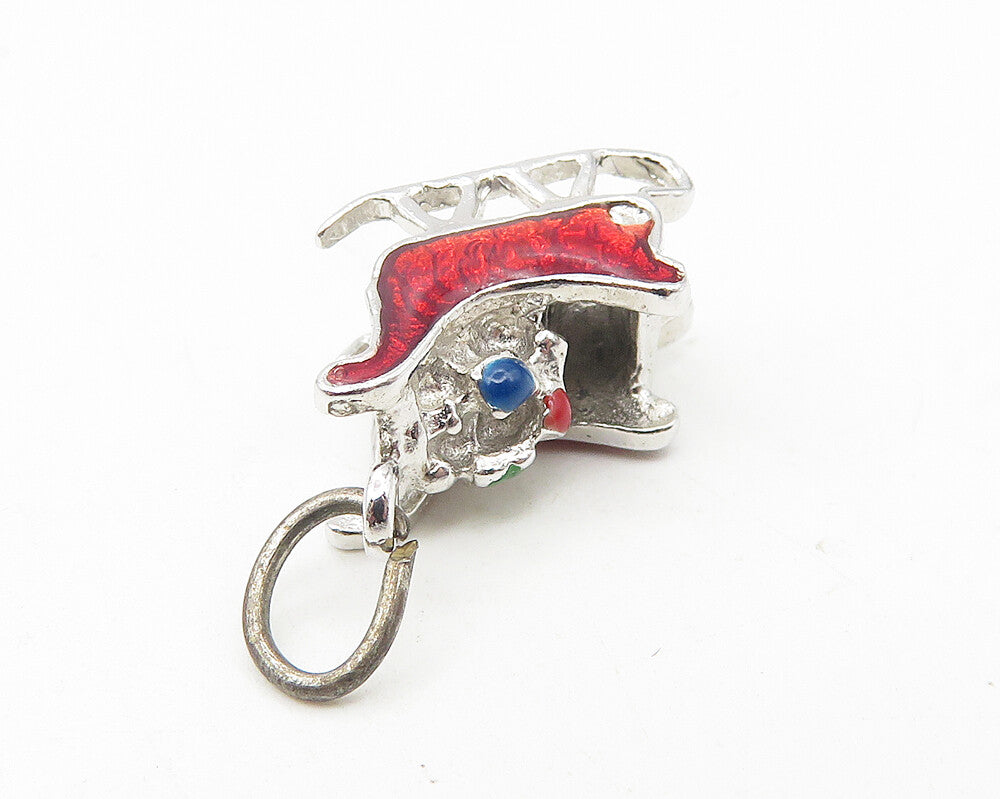 925 Sterling Silver  Vintage Shiny Petite Enamel Winter Sled Pendant  PT9338