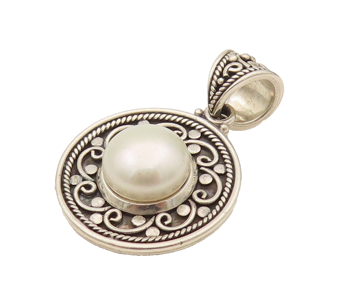 BALI 925 Silver  Vintage Swirl Flower & Freshwater Pearl Pendant  PT21966