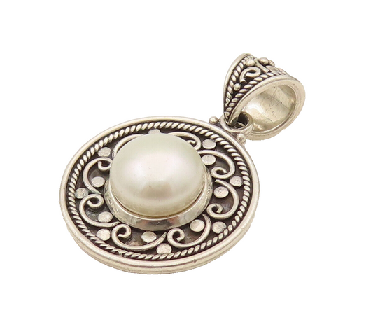 BALI 925 Silver  Vintage Swirl Flower & Freshwater Pearl Pendant  PT21966