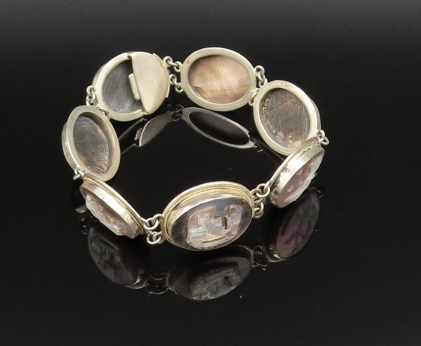 925 Silver  Vintage Carved Mother Of Pearl Sailboat Scenery Bracelet  BT9676