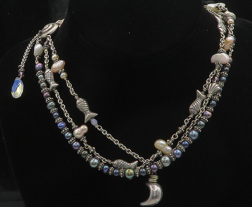 DESIGNER 925 Sterling Silver Vintage Pearls Amethyst Fish Chain Necklace NE3197