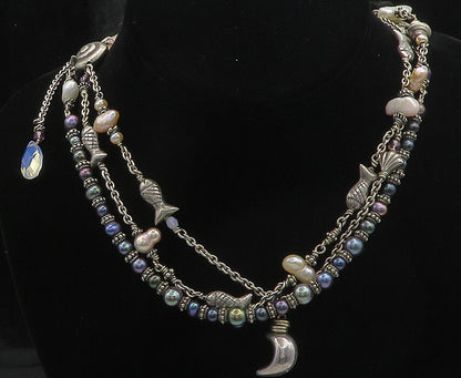DESIGNER 925 Sterling Silver Vintage Pearls Amethyst Fish Chain Necklace NE3197