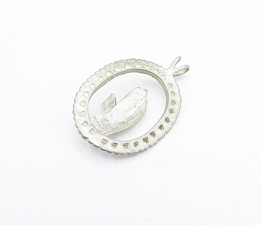 925 Sterling Silver  Vintage Petite Prayer Hands Oval Border Pendant  PT4675